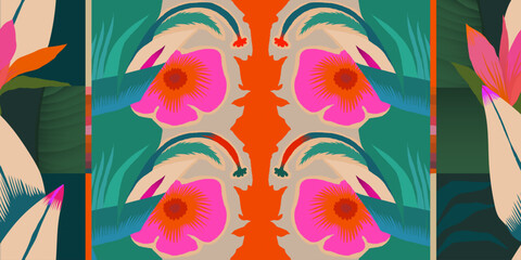 Vibrant exotic flowers pattern. Unique abstract botanical print. Fashionable template for design. 
