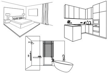 Set of different interior hand drawn sketch. Bedroom, bathroom, kitchen
