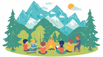 Obraz na płótnie Canvas Kindergarten kids camping in the forest near big mountain