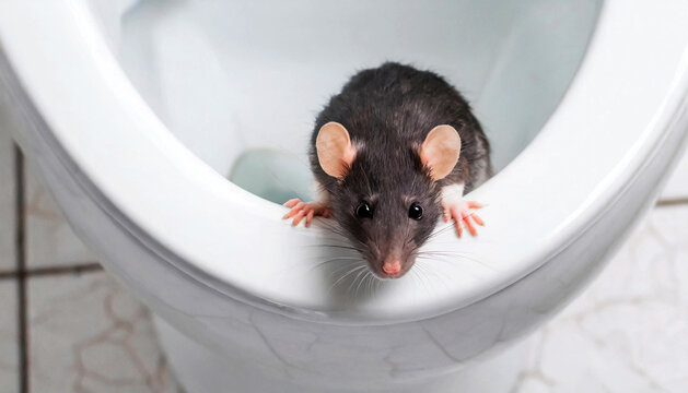 Extreme close-up of a rat coming out of the toilet bowl and looking at camera. Rodent problem in the canalization system, unsanitary concept and pest control concept. Generative Ai.