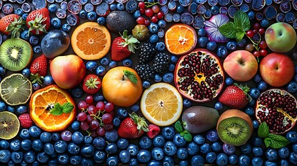 Immerse yourself in the allure of a sumptuous fruit medley, where each ingredient shines with its own unique brilliance. - obrazy, fototapety, plakaty