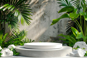 Contemporary Gray Podium Stage Rack, circle shape, front view focus with Green Stone and Tropical Leaves Background, perfect, very realistic