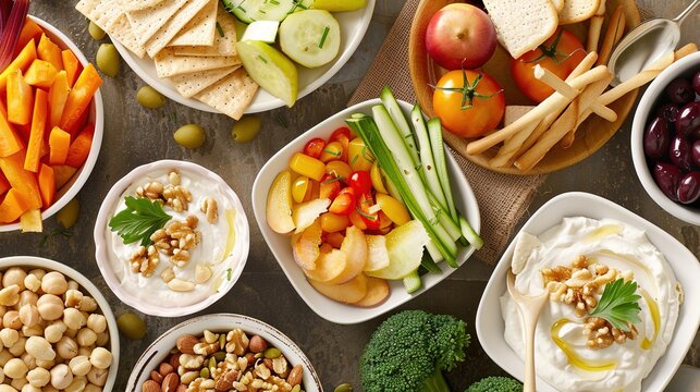 a visually appealing spread of healthy snacks such as colorful veggie crudites, hummus, Greek yogurt with fruit, and roasted nuts, encouraging wholesome choices for snacking