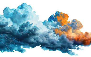 Blue and orange storm clouds with lightnings on white background,png - obrazy, fototapety, plakaty