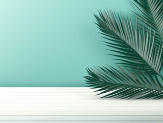 Teal background with palm leaf shadow and white wooden table for product display, summer concept. Vector illustration, isolated on pastel background