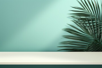 Fototapeta na wymiar Teal background with palm leaf shadow and white wooden table for product display, summer concept. Vector illustration, isolated on pastel background