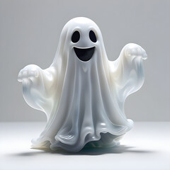 Fantasma de plástico feliz com as mãos levantadas. fantasminha 3d alegre de brinquedo flutuando, isolado em fundo branco.