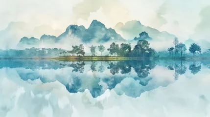 Foto op Plexiglas Amazing watercolor view of foggy morning of a mountain range with a lake in the foreground. water is calm and the sky is blue. travel landscapes and destinations © Space_Background