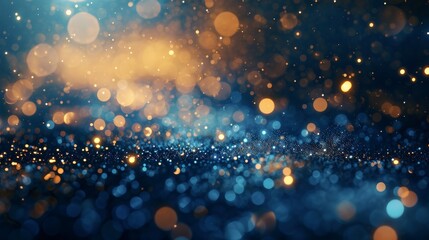 Golden light shine particles bokeh on navy blue background. Holiday. Abstract background with Dark blue and gold particle, shine, bright, sparkle, magical, glittering, texture, effect, space