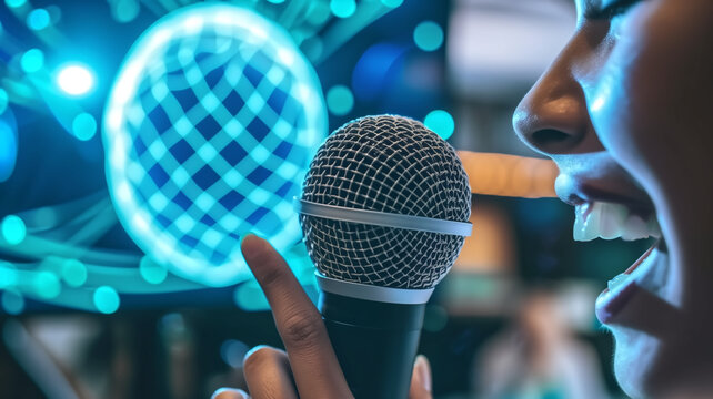 Close-up of a female singer performing with a microphone against a vibrant bokeh light background. Live music and entertainment concept for design and print