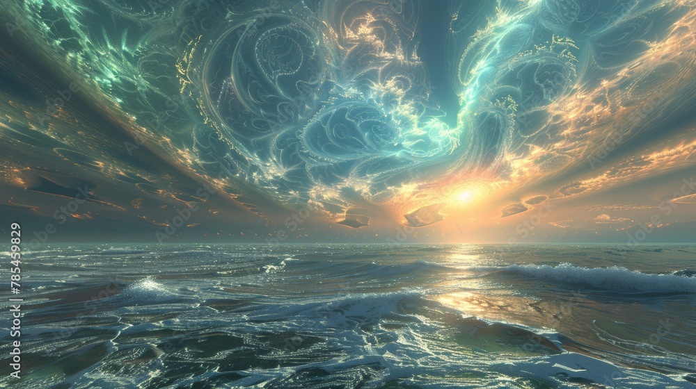 Poster blue sky with clouds and a large wave in the ocean, fractal horizons, abstract render of an alien se
