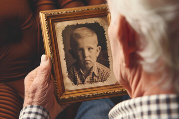 An elderly man holding a photo frame. Happy memories concept. - obrazy, fototapety, plakaty