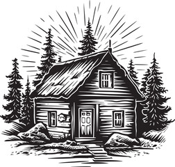 Mountain Wilderness Oasis Vector Illustration of a Wooden Cabin House