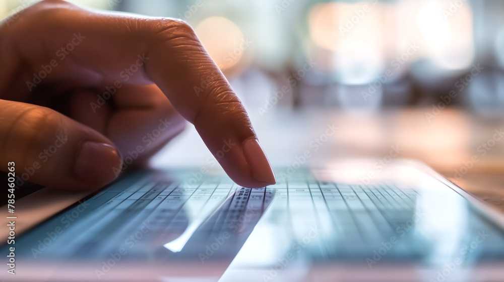 Poster close-up of a finger touching digital tablet screen with blurred spreadsheet. business technology an