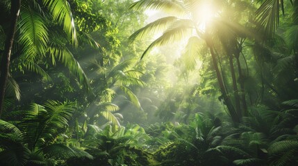 Tropical dense forest and environmental technology, green jungle with many leaves and plants. serene and peaceful mood, representation of nature's beauty and tranquility, landscape