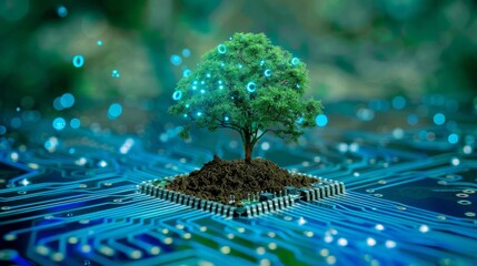 Tree with soil growing on the converging point of computer circuit board. Blue light and wireframe network background. Green Computing, Green Technology, Green IT, csr, and IT ethics Concept - obrazy, fototapety, plakaty