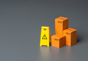 Goods and warning sign. Restrictions on trade, import and export of goods. Doubts about product...