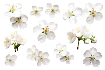 Naklejka na ściany i meble Collection of white cherry bloom flowers isolated on white