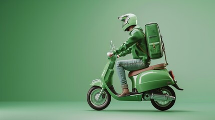 3d online food ordering and delivery service: green moto scooter carrier with delivery bag on white and green background