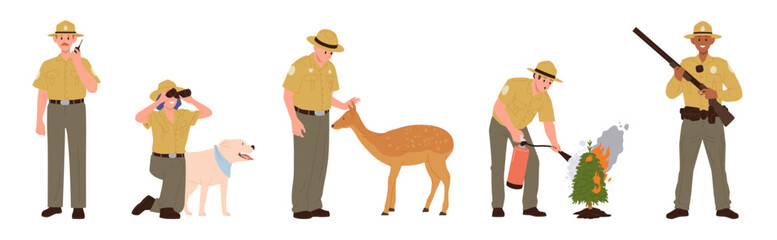 Forest rangers, park keepers and environmental police guardsman cartoon characters isolated set