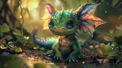 In the heart of an enchanted forest, amidst the lush greenery and sparkling streams, there resides a super cute rainbow little baby dragon.