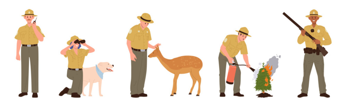 Forest rangers, park keepers and environmental police guardsman cartoon characters isolated set
