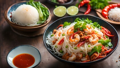 Spicy Glass Noodle Salad,mixed shrimp with minced pork and squid with boiled vermicelli in chili sauce(Yum Woon Sen).Top view
 - obrazy, fototapety, plakaty