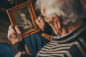 An elderly man holding a photo frame. Happy memories concept.