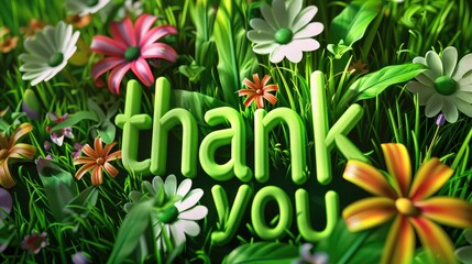 Thank you images, Thank you wallpaper, Thank you text on a grass and flower background, Spring background.