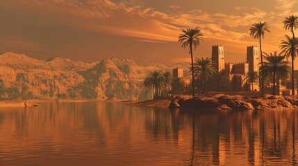 Desert mirage revealing an oasis city, sandstone illusions, hidden paradise - obrazy, fototapety, plakaty