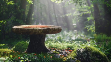 Ethereal fairy ring mushroom podium in an old growth forest, for natural and mystical items - obrazy, fototapety, plakaty