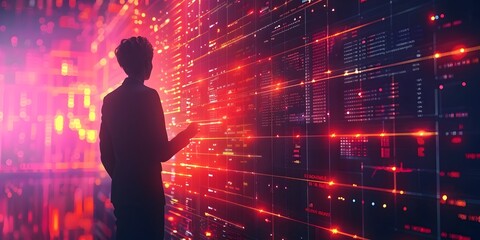 A Businessperson Applying Data Analytics for Insightful Business Decisions in a Futuristic Technology Landscape with Dramatic Neon Lighting