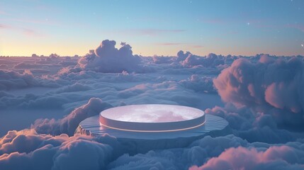 Floating celestial podium among the clouds at dusk, for dreamy, highflying product launches - obrazy, fototapety, plakaty