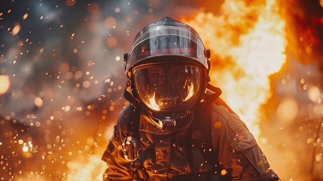 Firefighter in action amidst blazing flames, heroism and risk, dynamic action shot