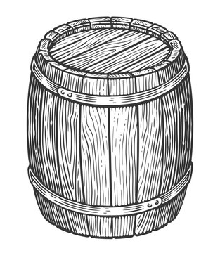 recommend clip art: Oak barrel. Hand drawn wooden cask sketch engraving style vector illustration