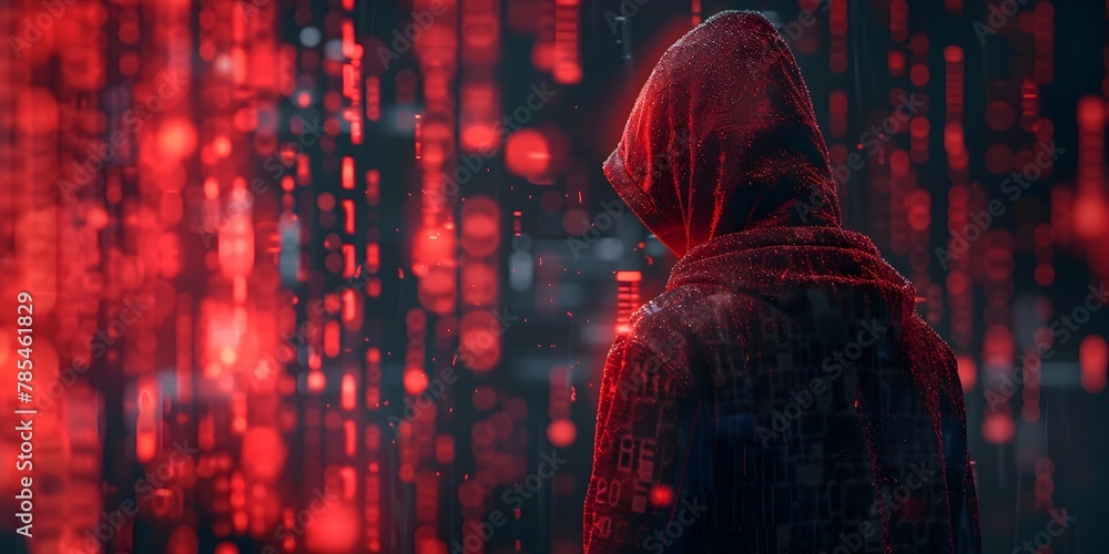 Poster hacker tapping into satellite feed reaching for the unknown in a digital world of code and data