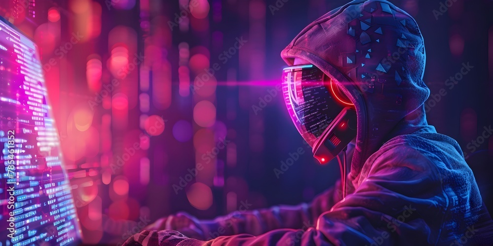 Poster hacker erasing identity from government databases in a glowing digital landscape of codes and matric