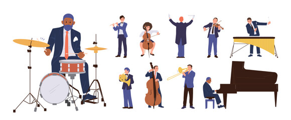 Big set with different classical musician cartoon characters performing with music instrument