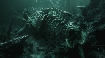 Leviathan skeleton in an abyssal trench, deepsea giant, nautical grave - obrazy, fototapety, plakaty