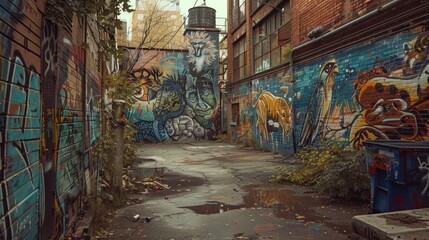 Living murals in an alley where graffiti animals leap from walls, urban jungle art