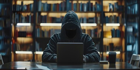 Hooded Hacker Exposing Corporate Corruption and Revealing the Righteous in a Dramatic Moody Digital...