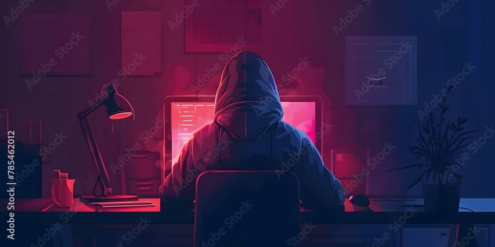 Poster mysterious hacker figure erasing evidence of a digital crime in a dark moody office workspace with a