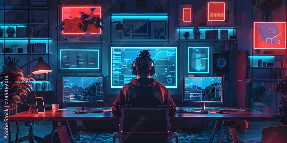 Poster hacker character conducting surveillance with hacked smart home devices for monitoring secret data a