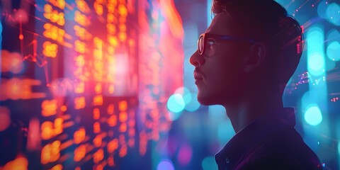 Businessperson at a 3D holographic projection of market trends awe of advanced data visualization