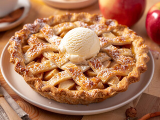 Classic apple pie with a flaky, buttery crust and a lattice top with a scoop of vanilla ice cream.  - obrazy, fototapety, plakaty
