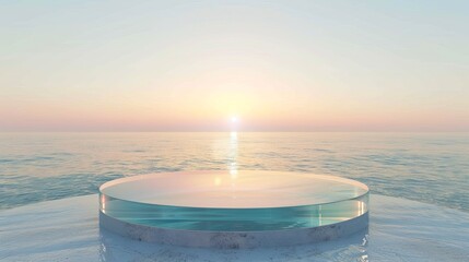 Oceanfront glass podium with a sunrise horizon, perfect for serene wellness product placement
