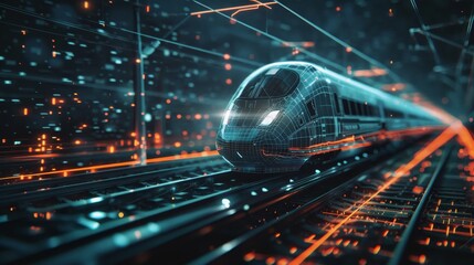Phantom train coursing through a data landscape, spectral journey, cyber rails