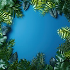 Fototapeta na wymiar Tropical plants frame background with blue blank space for text on blue background, top view. Flat lay style. ,copy Space flat design vector illustration