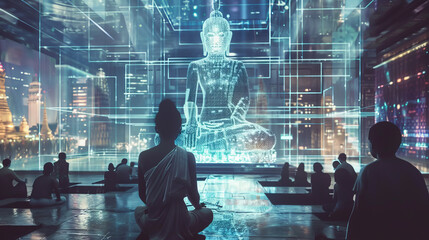 AI deity in a virtual temple, worshippers kneeling, silicon reverence - obrazy, fototapety, plakaty