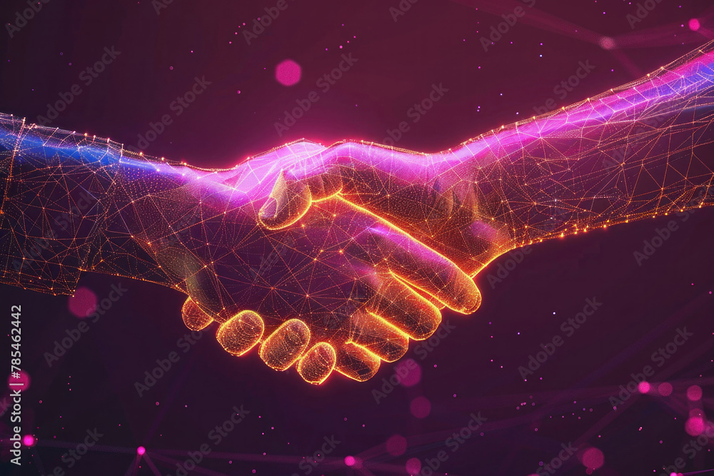 Poster business partners shaking hands in front of technological network background conceptual 3d illustrat